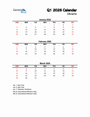 Ukraine Quarter 1  2026 calendar template