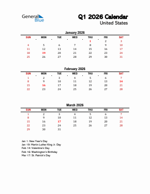 United States Quarter 1  2026 calendar template