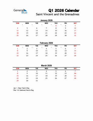 Saint Vincent and the Grenadines Quarter 1  2026 calendar template
