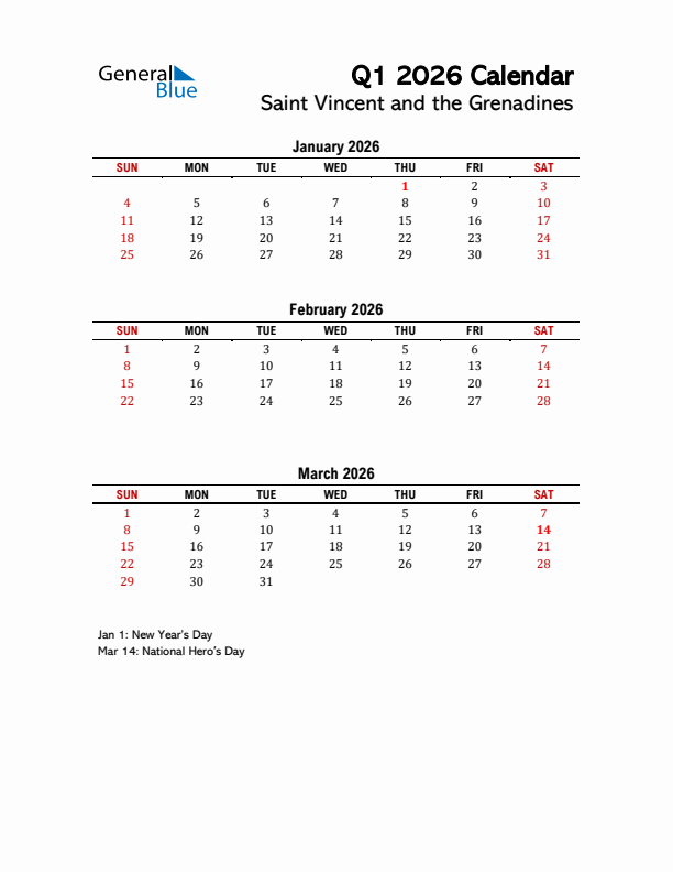 2026 Q1 Calendar with Holidays List for Saint Vincent and the Grenadines