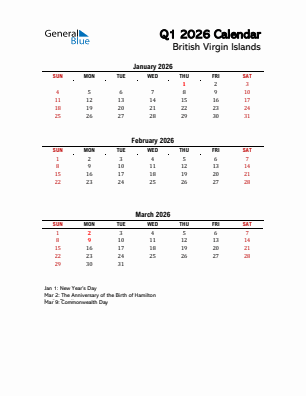 British Virgin Islands Quarter 1  2026 calendar template