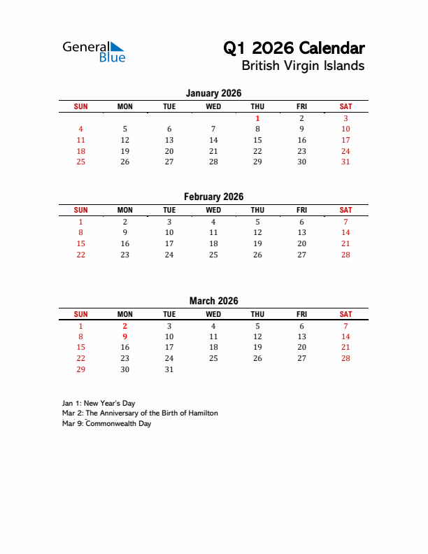 2026 Q1 Calendar with Holidays List for British Virgin Islands
