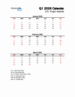 U.S. Virgin Islands Quarter 1  2026 calendar template