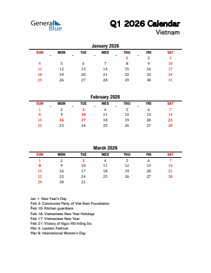 Vietnam Quarter 1  2026 calendar template