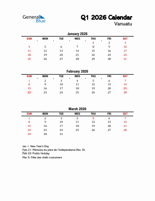 Vanuatu Quarter 1  2026 calendar template