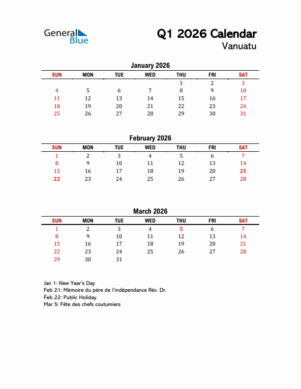 2026 Q1 Calendar with Holidays List for Vanuatu