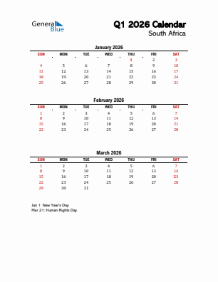 South Africa Quarter 1  2026 calendar template