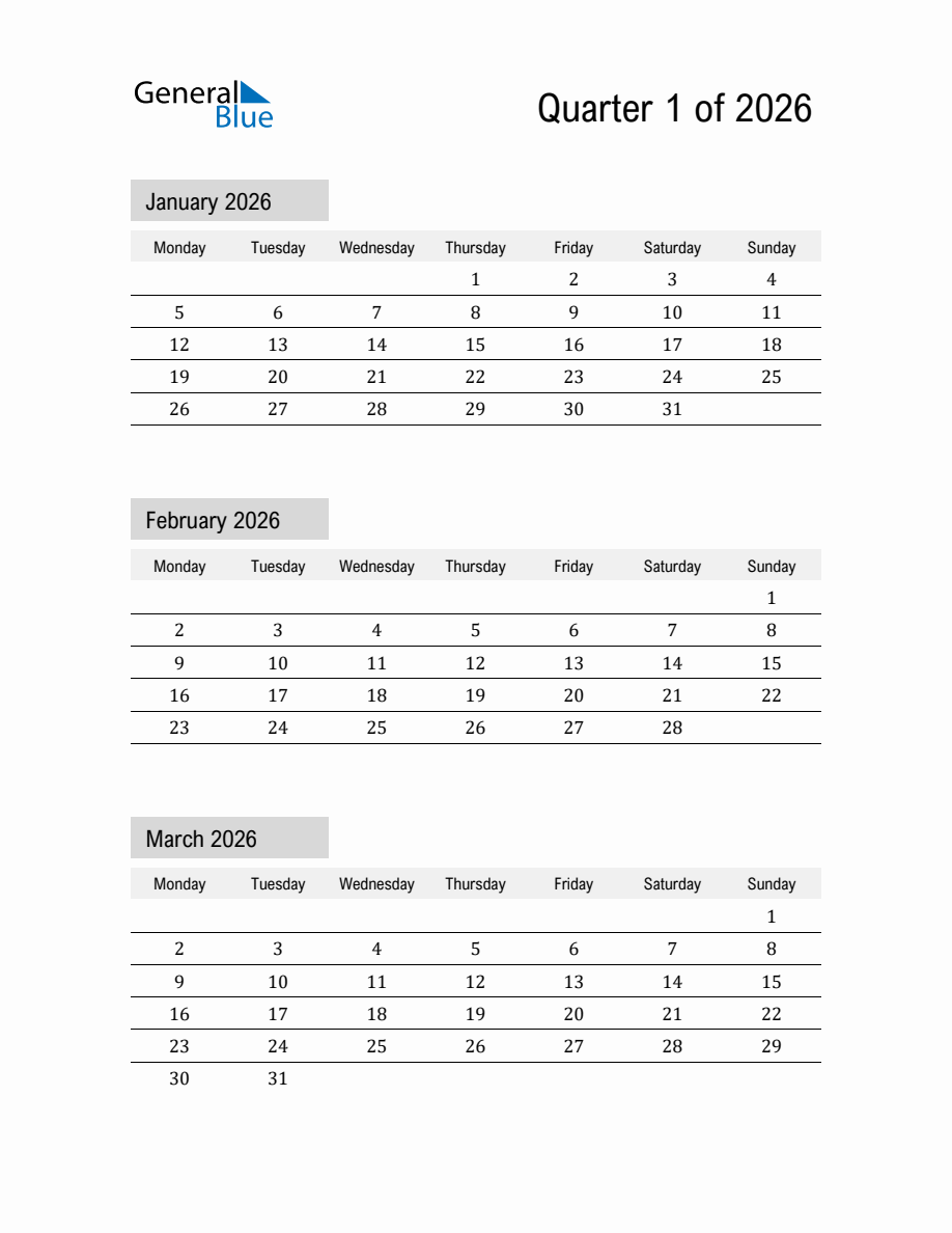 January, february, and march 2026 calendar template - monday start