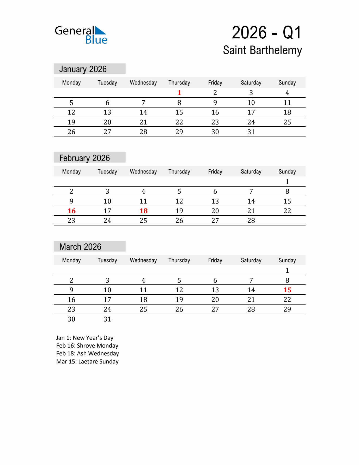 Saint Barthelemy Quarter 1 2026 Calendar with Holidays