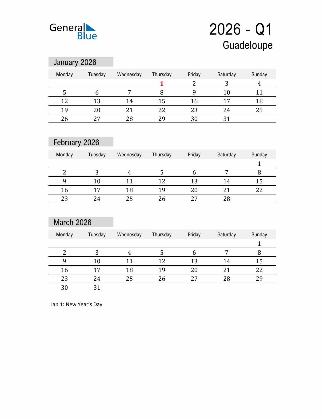 Guadeloupe Quarter 1 2026 Calendar with Holidays