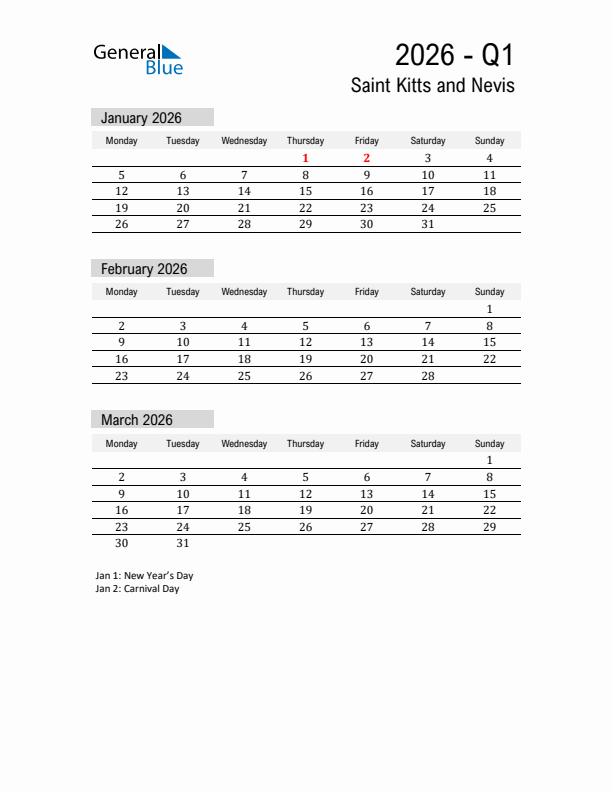 Saint Kitts and Nevis Quarter 1 2026 Calendar with Holidays