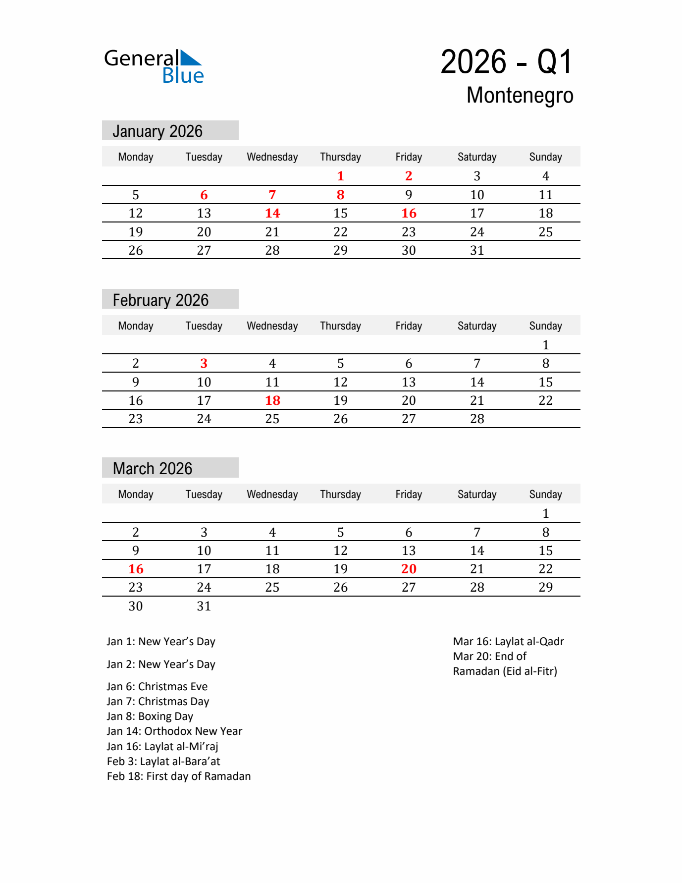 Montenegro Quarter 1 2026 Calendar with Holidays