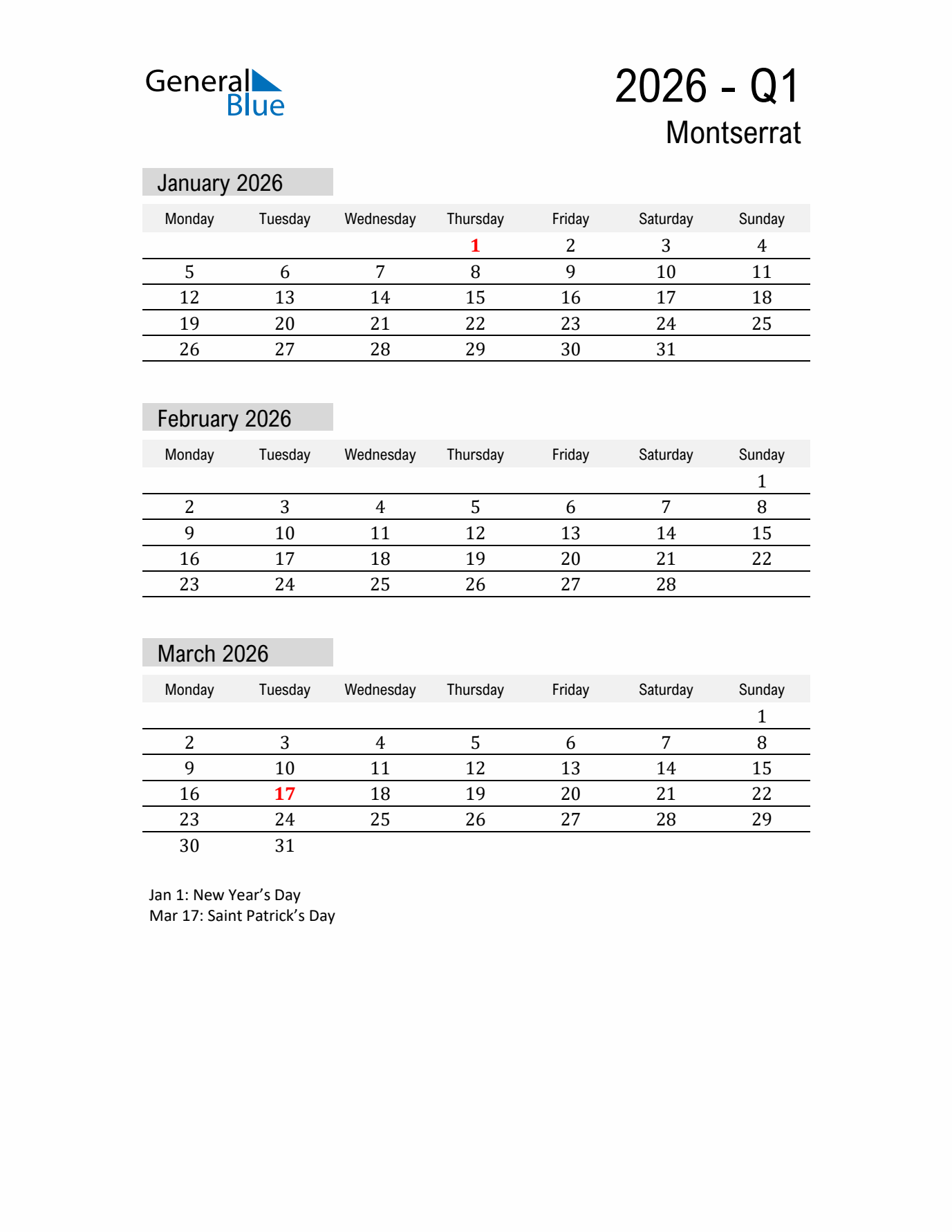 Montserrat Quarter 1 2026 Calendar with Holidays