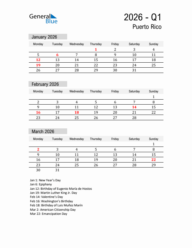 Puerto Rico Quarter 1 2026 Calendar with Holidays