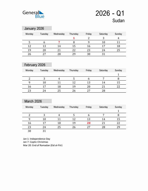 Sudan Quarter 1 2026 Calendar with Holidays