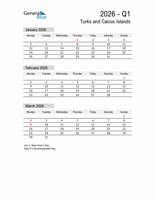 Turks and Caicos Islands Quarter 1 2026 Calendar with Holidays