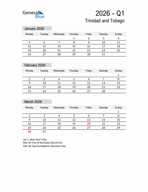 Trinidad and Tobago Quarter 1 2026 Calendar with Holidays