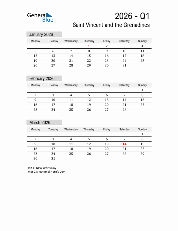 Saint Vincent and the Grenadines Quarter 1 2026 Calendar with Holidays