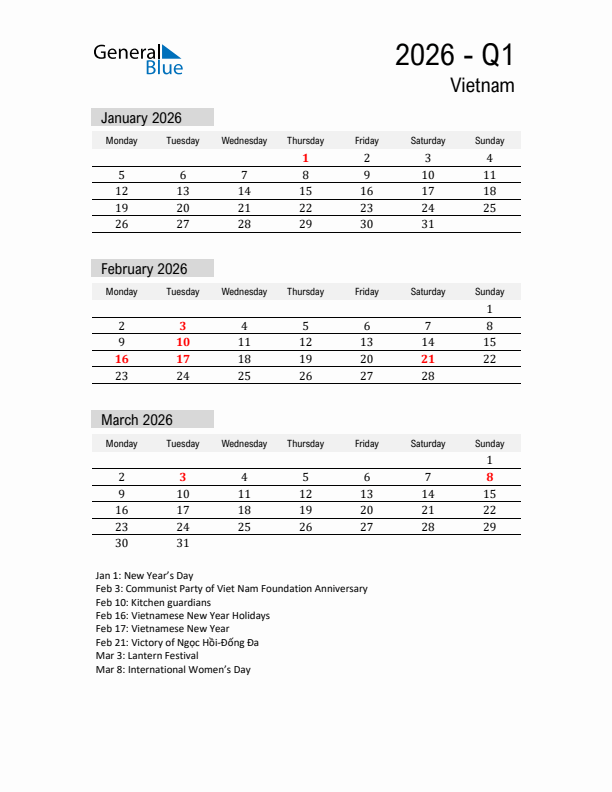 Vietnam Quarter 1 2026 Calendar with Holidays