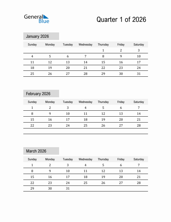 Quarter 1 2026 calendar template