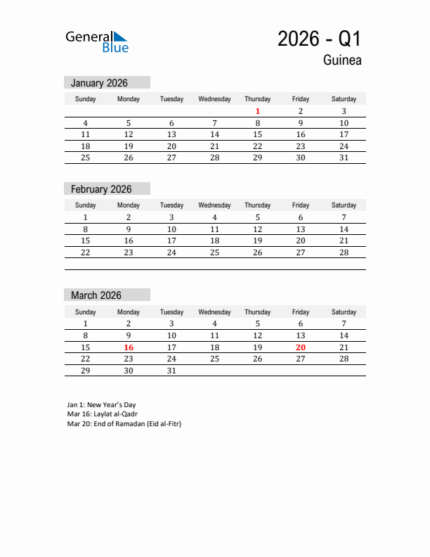 Guinea Quarter 1 2026 Calendar with Holidays