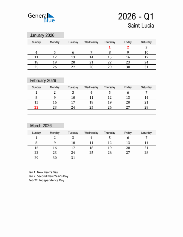Saint Lucia Quarter 1 2026 Calendar with Holidays