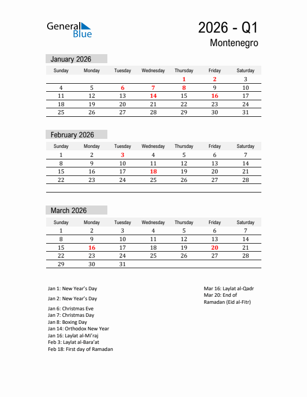 Montenegro Quarter 1 2026 Calendar with Holidays
