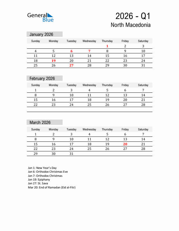 North Macedonia Quarter 1 2026 Calendar with Holidays