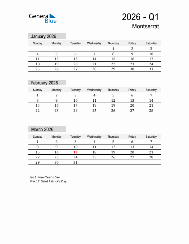 Montserrat Quarter 1 2026 Calendar with Holidays