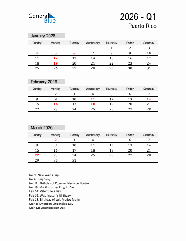 Puerto Rico Quarter 1 2026 Calendar with Holidays