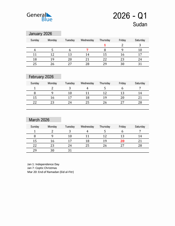 Sudan Quarter 1 2026 Calendar with Holidays