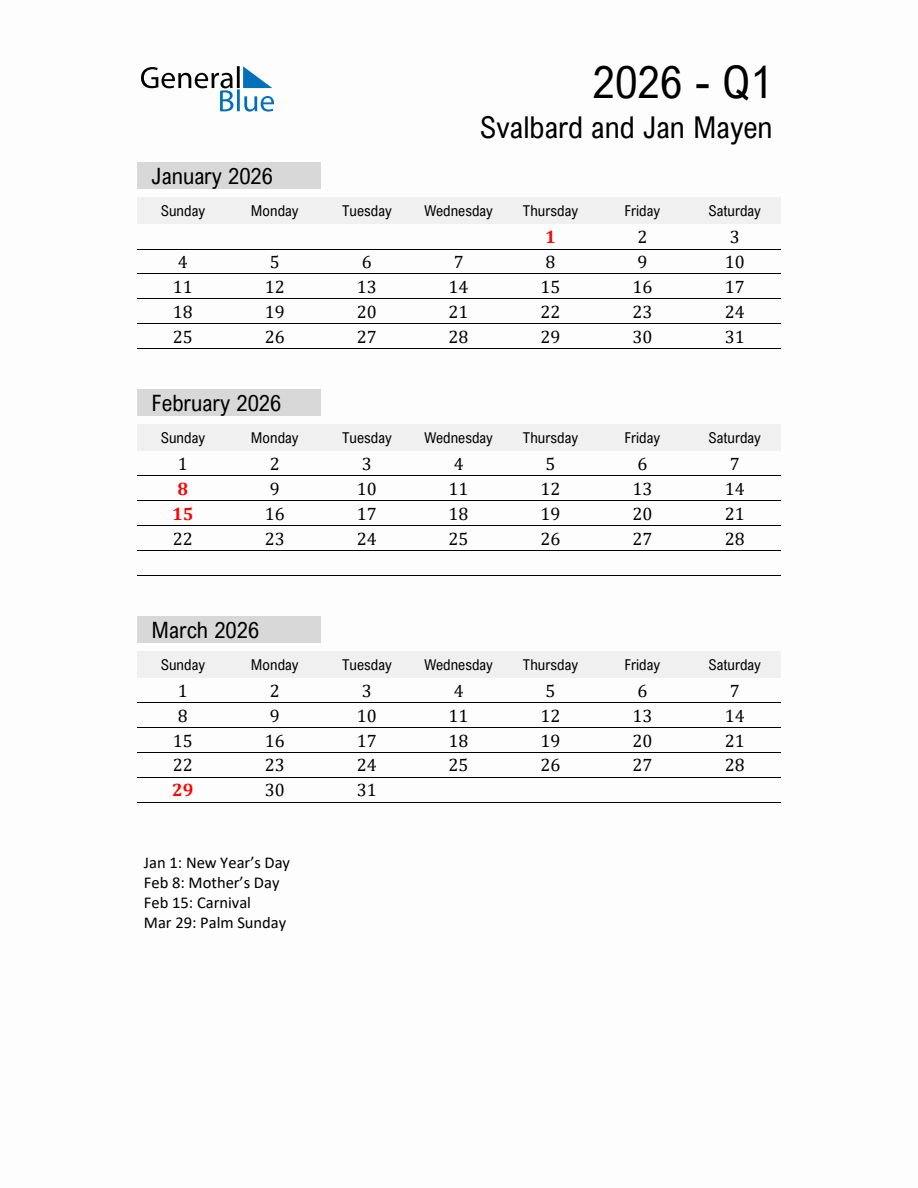 Svalbard and Jan Mayen Quarter 1 2026 Calendar with Holidays