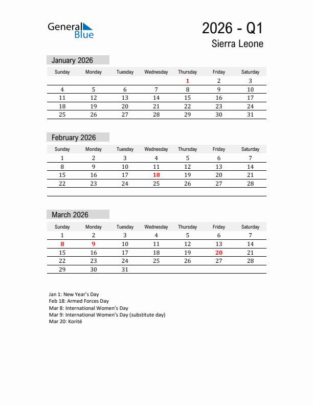 Sierra Leone Quarter 1 2026 Calendar with Holidays