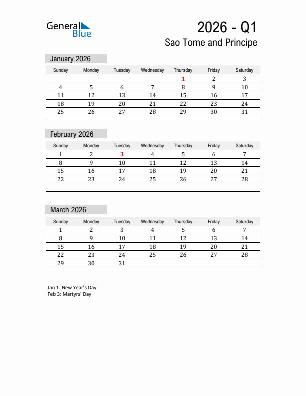 Sao Tome and Principe Quarter 1 2026 Calendar with Holidays