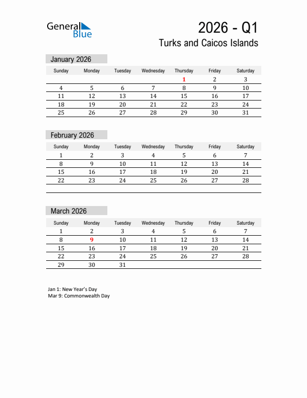 Turks and Caicos Islands Quarter 1 2026 Calendar with Holidays