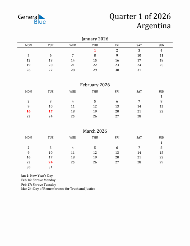 Quarter 1 2026 Argentina Quarterly Calendar