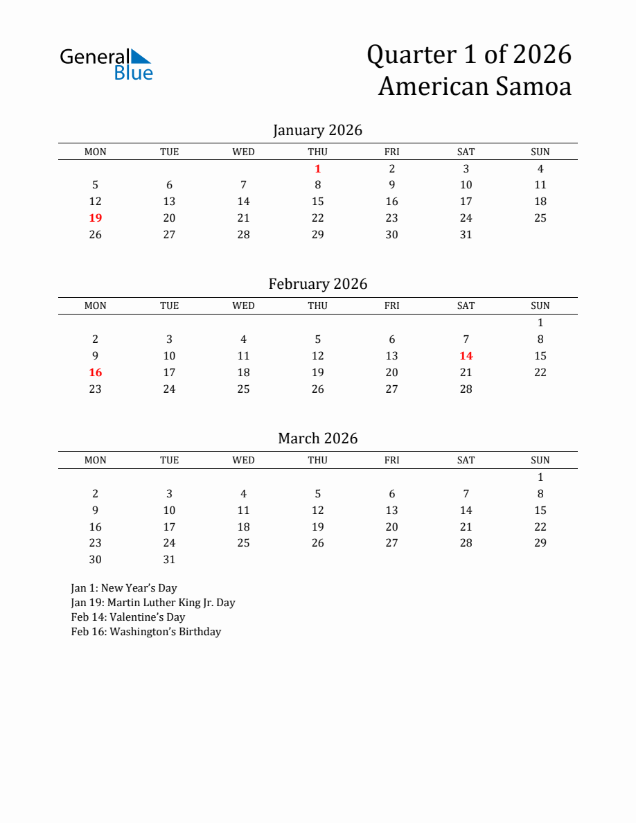 Quarter 1 2026 American Samoa Calendar - Monday Start