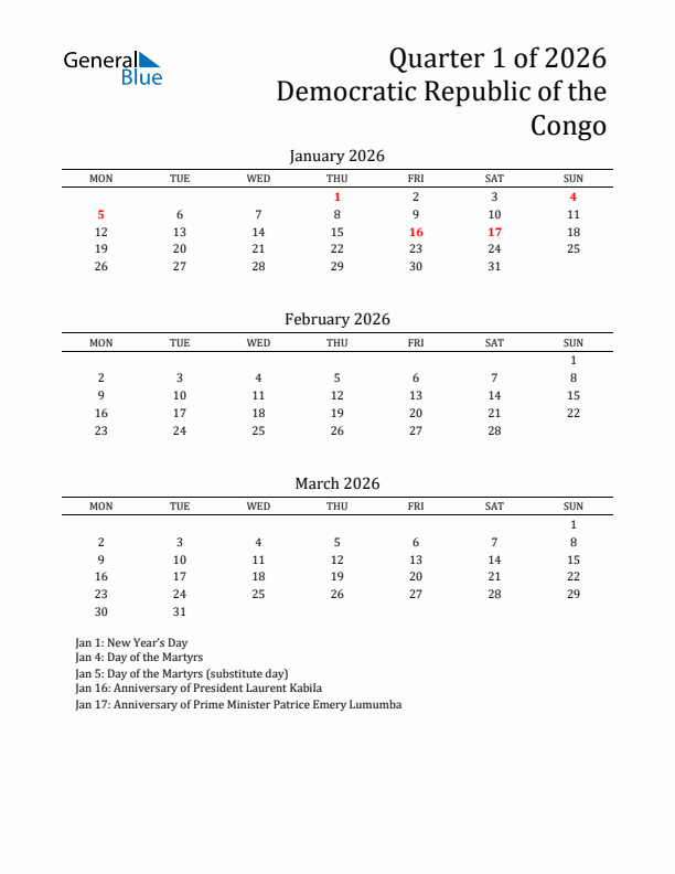 Quarter 1 2026 Democratic Republic of the Congo Quarterly Calendar