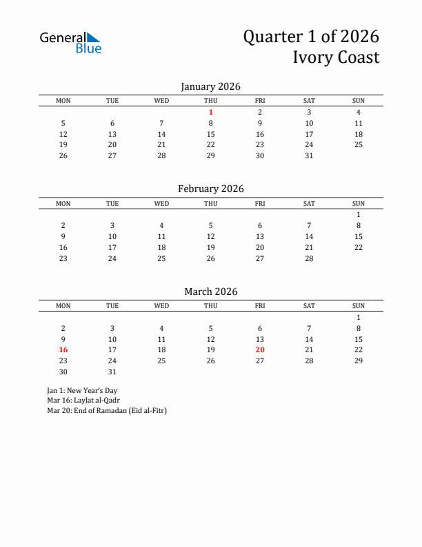 Quarter 1 2026 Ivory Coast Quarterly Calendar