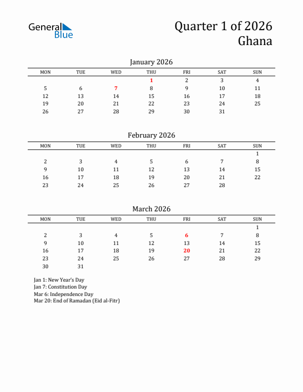 Quarter 1 2026 Ghana Quarterly Calendar