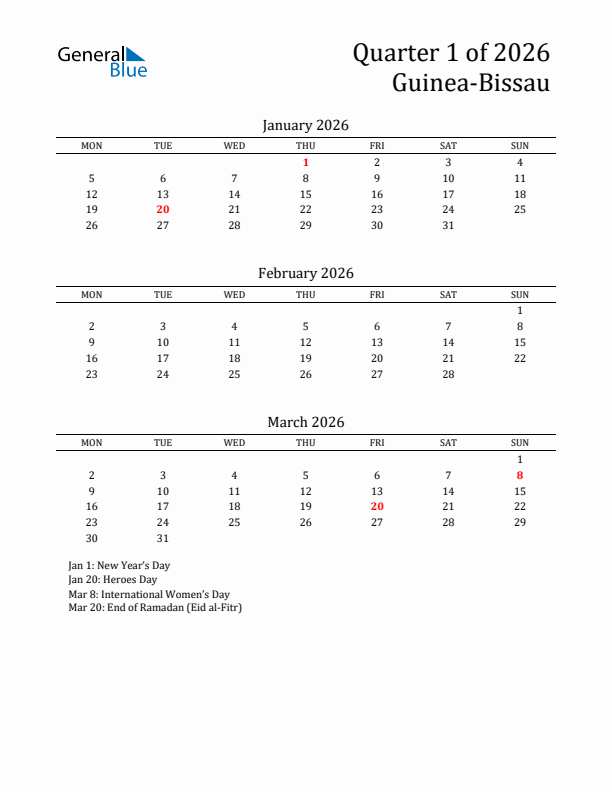 Quarter 1 2026 Guinea-Bissau Quarterly Calendar