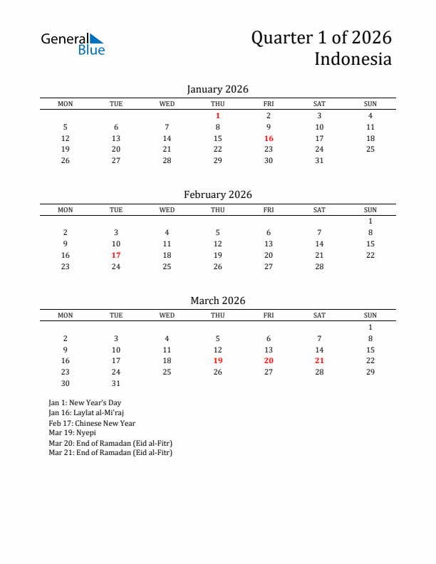 Quarter 1 2026 Indonesia Quarterly Calendar