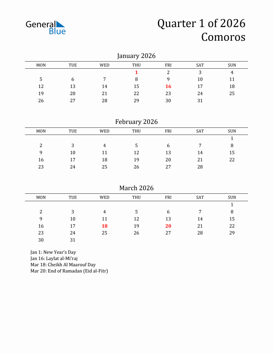 Quarter 1 2026 Comoros Calendar - Monday Start