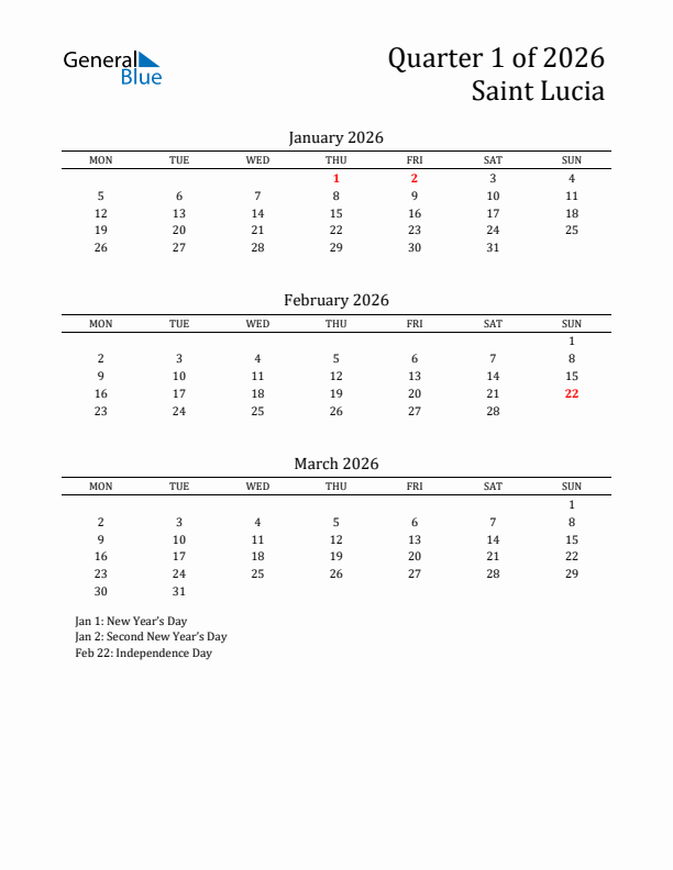 Quarter 1 2026 Saint Lucia Quarterly Calendar