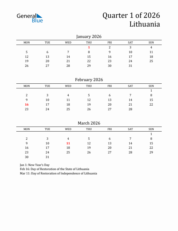 Quarter 1 2026 Lithuania Quarterly Calendar