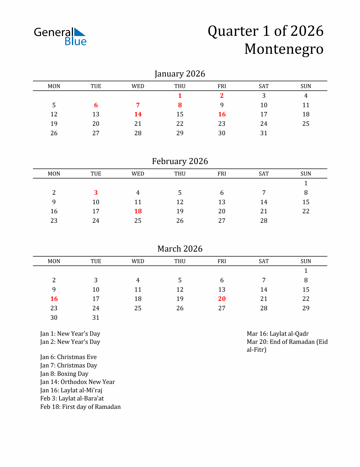 Quarter 1 2026 Montenegro Quarterly Calendar