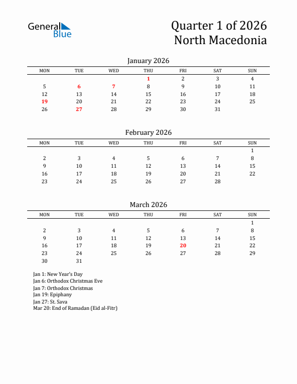 Quarter 1 2026 North Macedonia Quarterly Calendar