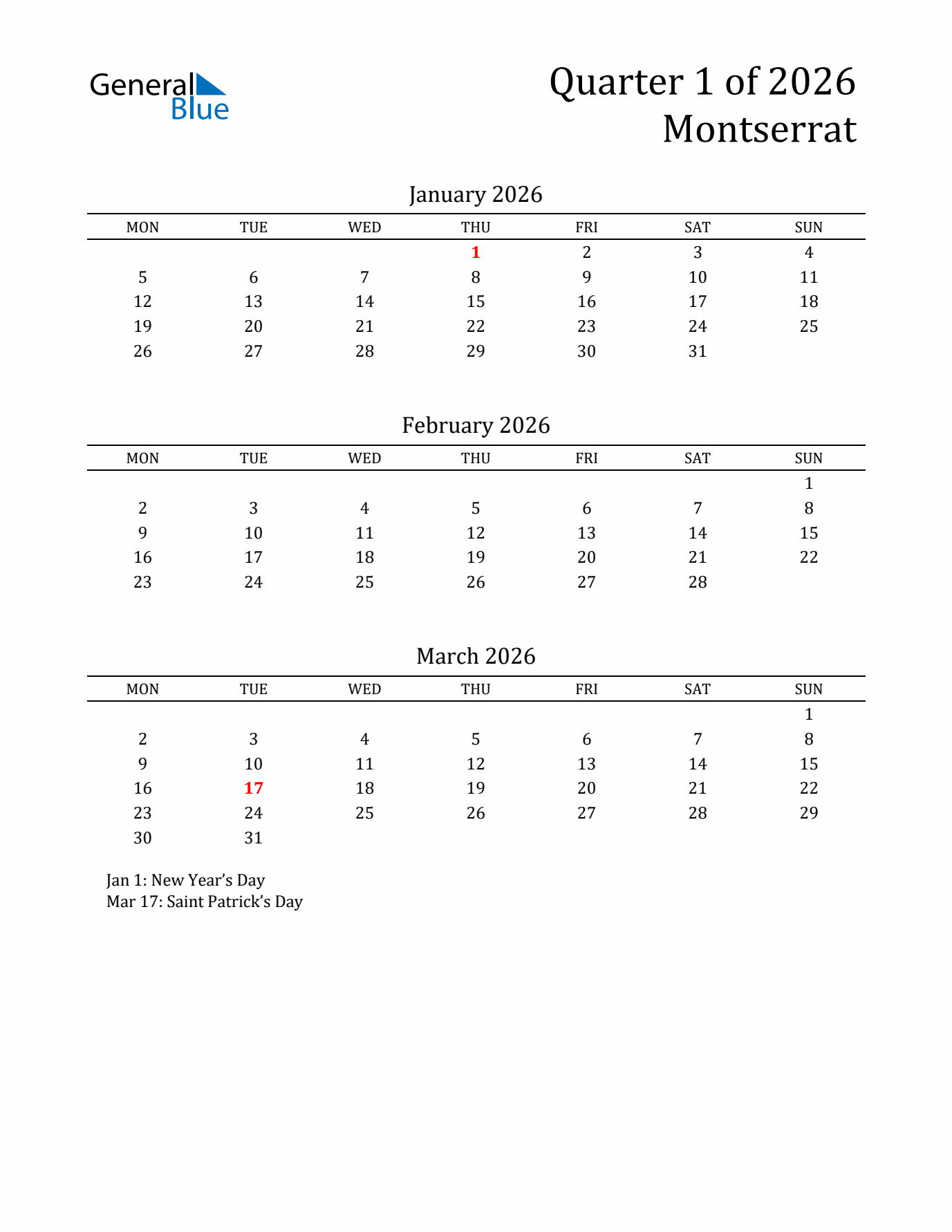 Quarter 1 2026 Montserrat Quarterly Calendar