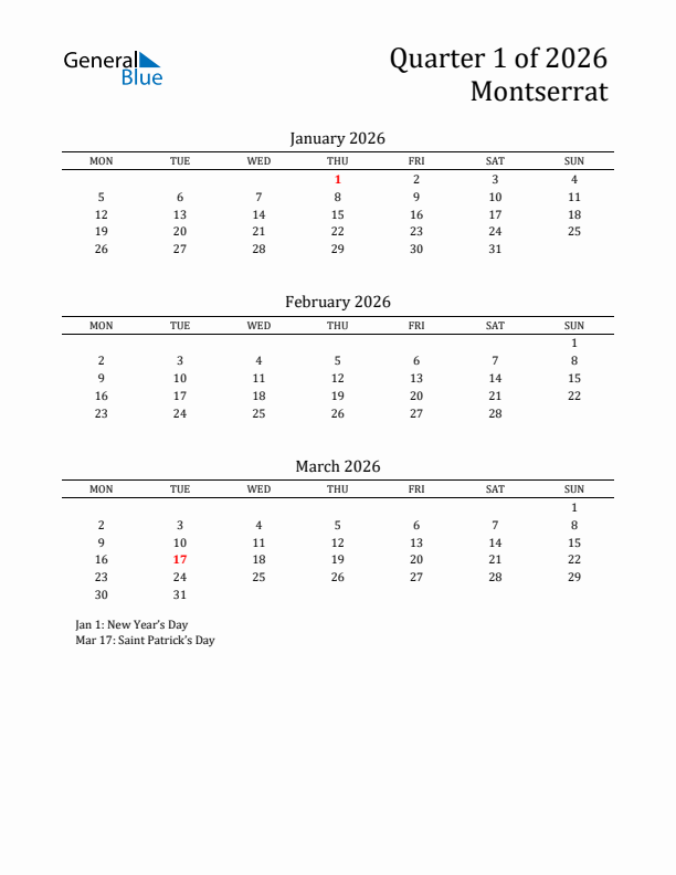 Quarter 1 2026 Montserrat Quarterly Calendar