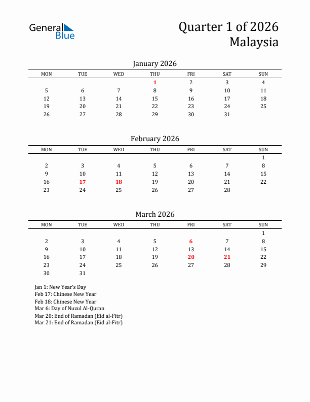Quarter 1 2026 Malaysia Quarterly Calendar